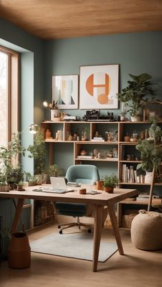 a home office with blue walls and wooden shelves