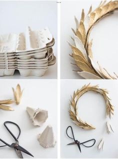 four pictures of gold leaf wreaths, scissors and other crafting supplies are shown