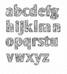 the alphabet is made up of doodled letters and numbers, all in black and white