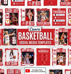 the basketball social media templates are all red and white with images of women's basketball players