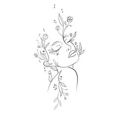 a black and white drawing of a woman's face with flowers in her hair