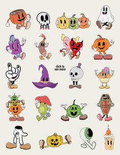 a bunch of cartoon characters that are all in different colors and sizes, with the words halloween written on them