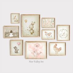 nine framed pictures with animals and flowers on them