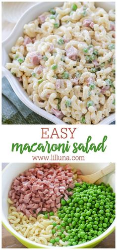 macaroni salad with peas and ham in a white bowl