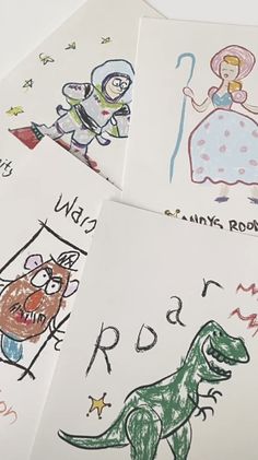 four children's drawings are shown on white paper