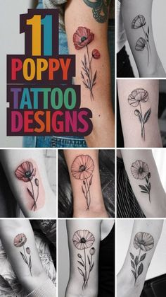 many different tattoos are shown on the arm and leg, with flowers in each section