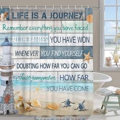 a shower curtain with the words life is a journey on it