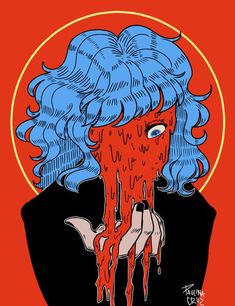 a drawing of a woman with blue hair and dripping blood on her face, in front of an orange background