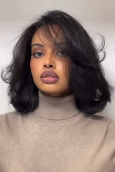 Blown Out Hair Black Women Short, Blow Out Bob Hairstyles For Black Women, Silk Press Photoshoot, Lob Hairstyles For Black Women, 90s Fluffy Bob Black Women, Short Haircut With Volume, Bob Blowout Black Women, Blowout Shoulder Length Hair, Fluffy Silk Press