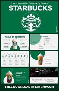 starbucks coffee powerpoint presentation template is shown in green and white, with an image of the