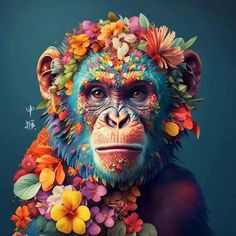 a monkey with flowers on its head and in the middle of it's face