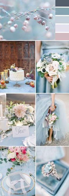 a collage of photos with flowers and wedding rings on them, including the bride's bouquet