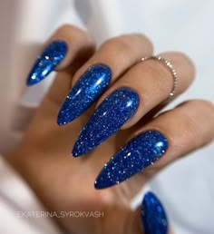 Blue Sparkle Nails Almond, Sparkly Blue Nails Acrylic, Royal Blue Acrylic Nails Glitter, Electric Blue Nails Acrylic, Royal Blue Stiletto Nails, Blue Shiny Nails, Sapphire Blue Nails, Glitter Blue Nails, Sparkly Blue Nails