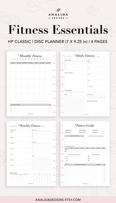 the printable fitness planner is shown in three different sizes