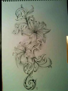 a drawing of flowers with swirls and leaves