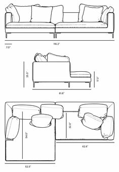 a drawing of a couch and ottoman with the measurements shown below it in black and white