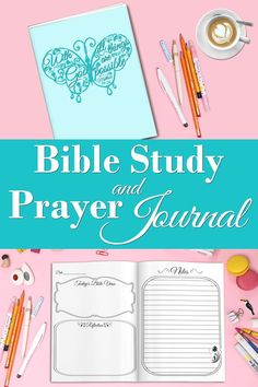 the bible study and prayer journal is shown with pens, pencils, and markers