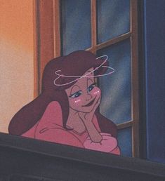 an animated image of a woman looking out the window