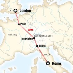 a map showing the route for london, paris, and interlaken in europe