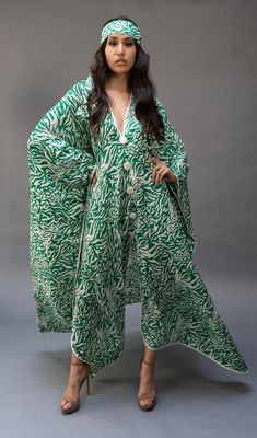 This lightweight kaftan dress  is perfect for lounging by a poolside or just to  throw on to wear all day. Spring Vacation Floor-length Abaya, Green Bohemian Maxi Length Sets, Floor-length Abaya For Beach In Spring, Bohemian Green Dress With Dabka, Green Maxi Length Kurta, Green Long Kaftan For Eid, Long Green Dress For Eid, Green Long Dress For Eid, Spring Beach Floor-length Abaya