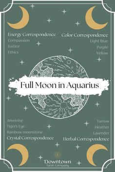 the full moon in aquarius is shown on a green background with stars and crescents