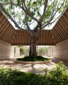 a large tree in the middle of a room with grass on the floor and walls