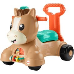 little tikes pony ride on toy with orange handlebars and green seat cover