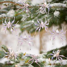 several spider ornaments hanging from a pine tree in the snow, with crystals on them