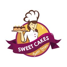 a woman holding a tray with a cake on it and the words sweet cakes above it