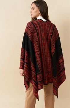 Gorgeous Alpaca poncho in beautiful earthy colors with colorful embroidered accents. Fully reversible, absolutely gorgeous, warm, and cozy. One size fits all, this poncho is quite stunning and will become your go-to garment. It is reversible, the same coloring, with different portions of color on each side. Fabric: 50% superfine Alpaca, 50% acrylic. Made Certified Fair Trade in Peru. One size fits all. Alpaca fiber contains very little lanolin, which makes it hypoallergenic and easier to tolerat Embroidered Poncho, Alpaca Poncho, Natural Clothing, Alpaca Fiber, Learn How To Knit, Black Camel, Earthy Colors, Machine Knitting, Clothing Company