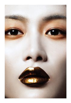 Shu Pei by Bojana Tatarska for Glass Magazine #11. Extreme Make-up, Orange Lips, Metallic Lips, Face Chart, Gold Beauty, Lip Art, Fantasy Makeup