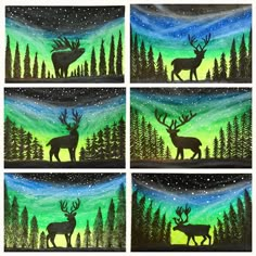 four paintings of deer in the night sky