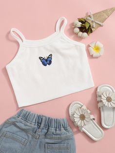 White Casual Collar  Fabric Butterfly Cami Embellished Slight Stretch Summer Tween Girls Clothing Butterfly Clothes, Crop Tops For Kids, Butterfly Graphic, Shein Outfits, Party Kleidung, Butterfly Embroidery, Crop Top Outfits, Cute Crop Tops, Tween Outfits