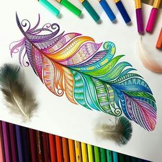 colorful feathers and crayons are on the table