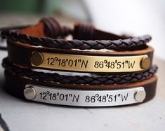 Personalized Couple Bracelets, Couple Bracelet Set, Leather Bracelet, Couples Bracelet, Anniversary Gifts for Boyfriend, Couples Bracelets - Etsy Jewelry For Couples, Gifts Couple, Bracelets Leather, Set Couple, Coordinates Bracelet, Personalized Leather Bracelet