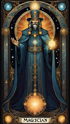 the magician tarot card with an image of a wizard holding his hands up in front of