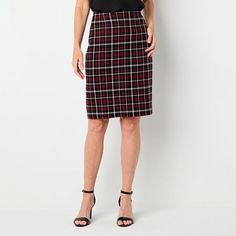 This Black Label by Evan-Picone women's suit skirt features a chic plaid pattern in red, white, and black. Crafted from woven fabric, it has a regular-fit, a flat front, a zipper closure, and a knee length. Wear it with a blouse and heels and complete the look with the matching jacket from the collection. Front Style: Flat FrontClosure Type: ZipperFit: Regular FitRise: At WaistApparel Length: 24 InchesFiber Content: 91% Polyester, 9% ViscoseFabric Description: WovenLining: LinedLining Material: Red Knee-length Mini Skirt For Work, Fitted Plaid Skirt For Office, Plaid Pencil Skirt For Work, Fitted Plaid Pencil Skirt For Work, Fitted Plaid Mini Skirt For Work, Suit Skirts, Womens Suit, Black Label, Plaid Pattern