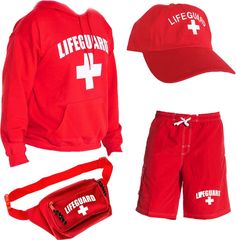 the lifeguard uniform is red and has white letters on it, along with a fanny bag