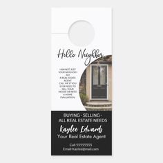 a door hanger with an advertisement for a real estate agent