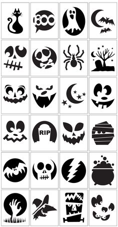 black and white halloween icons are shown in this image, including pumpkins, bats, ghost