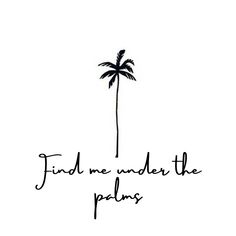 a palm tree with the words find me under the palms in black ink on a white background