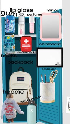 an open blue door with various items on it and the words glamgloss, mirror, whiteboard, pencil holder, pen holder, water bottle