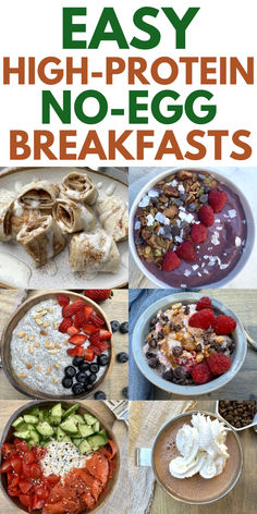 6 images of high protein, no egg breakfast including cinnamon rolls, chia pudding, cottage cheese bowls, high protein mocha and acai bowl. Keto Breakfasts Without Eggs, Low Carb Protein Breakfast, Non Egg Protein Breakfast Ideas, High Protein Breakfast Ideas No Eggs, Low Carb High Protein Breakfast No Eggs, Protein Breakfast Ideas No Eggs, Simple Protein Breakfast Ideas, Protein Breakfast Without Eggs, Low Carb High Protein Recipes Breakfast