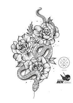 a snake and roses tattoo design