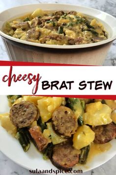 cheesey brat stew with sausage and green beans in a white bowl on a marble table