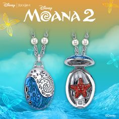 two necklaces with designs on them and the words moan 2