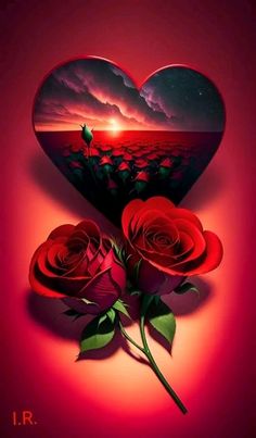 two red roses sitting in front of a heart shaped box with the sun setting behind them