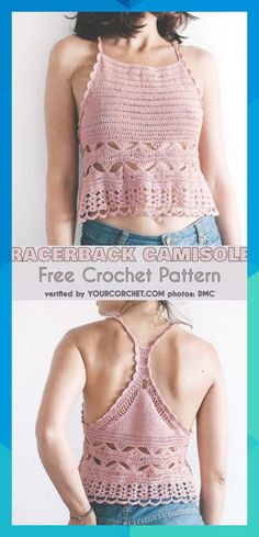 the back of a woman's top with crochet on it, and two pictures