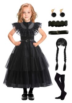 PRICES MAY VARY. 【Black Dress】You will get a black gothic dress,inspired by popular TV series characters which is Wednesday Addams.Let your child wear the dress and dress her up as her favorite character.she will be the focus of any occasion. 【Package Includes】The dress set includes: A piece of black dress+A waist decoration+A belt+A black wig+A pair of black stockings+Two earrings.After receiving the package, please carefully check whether the accessories are complete. 【High Quality】The dress i Wednesday The Addams Family, Black Gothic Dress, Wednesday Addams Dress, Addams Dress, Wednesday Dress, Series Characters