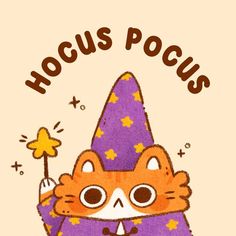 an orange and white cat wearing a purple hat with the words hoccus pocus on it